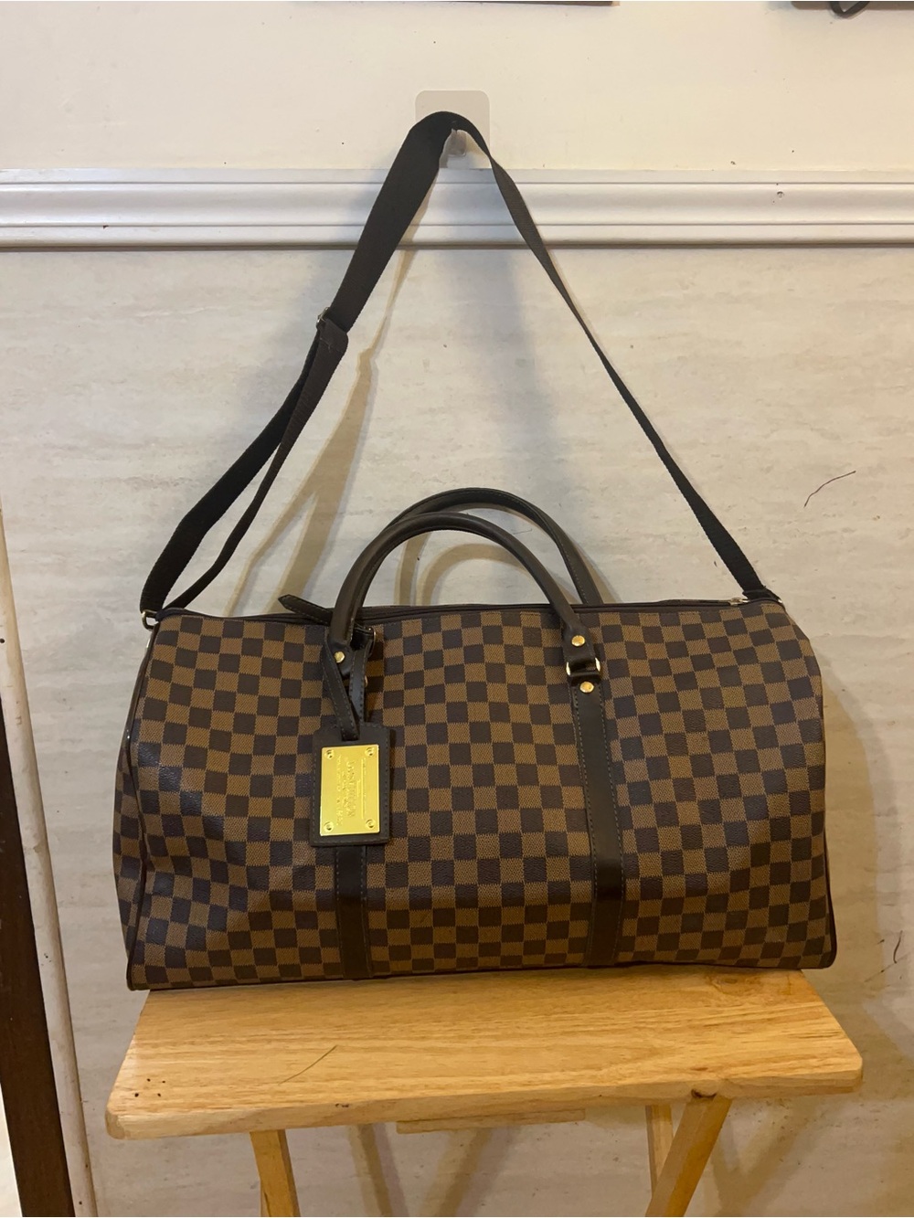 Designer Inspired Brown Checkered Travel Duffel
